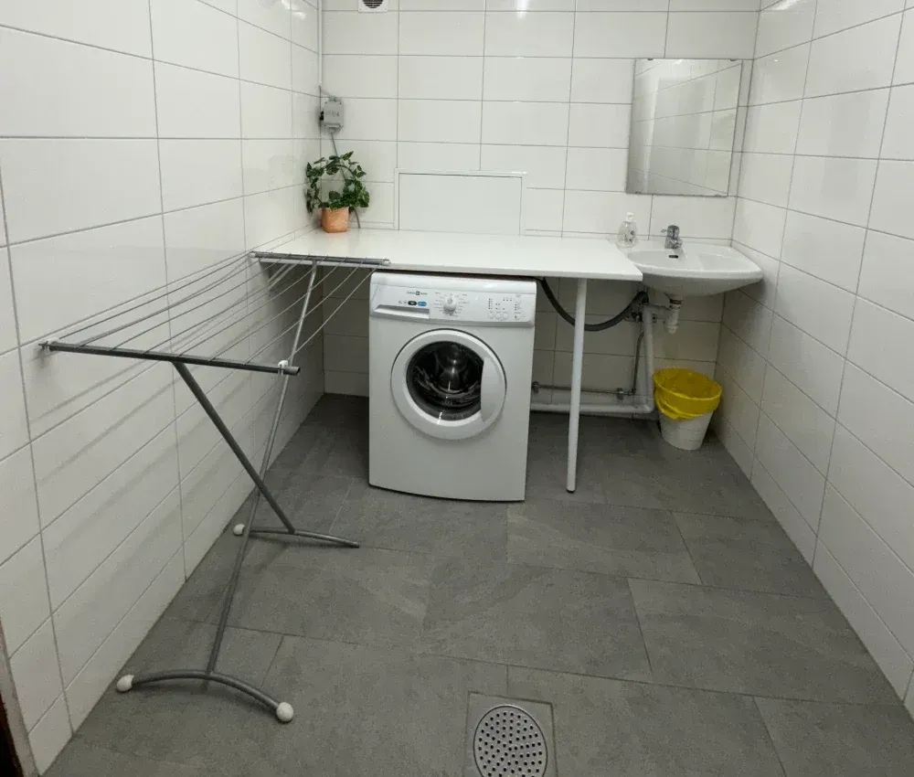 Tvättstugan med tvättmaskin, tvättho och torkställning
